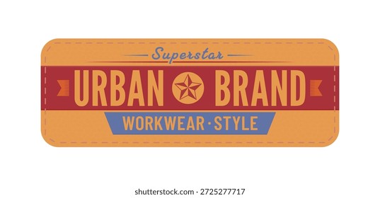 Rótulo de remendo de couro jeans jeans, etiqueta vintage. Estilo workwear da marca urbana, emblema do jeans retro do vetor com símbolo da estrela e costura clássica. Tag de couro de retângulo marrom para vestuário e marca de jeans