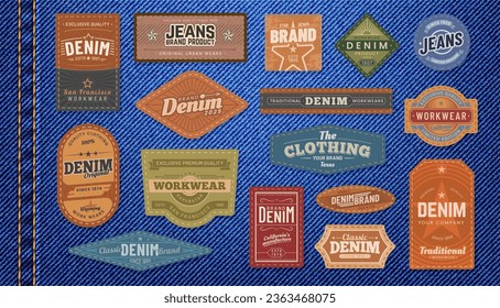 Denim Jeans Lederpatches und -etiketten. Einzeln Vektorset von strukturierten Tags, die Markennamen zeigen, die Firmenidentität und eine Note des Stils für das Kleidungsstück. Embleme im Retro-Stil für Kleidung