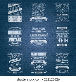 Denim jeans white typography labels set isolated vector illustration