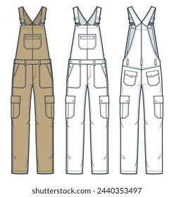 Denim Jumpsuit fashion flat technical drawing template. Dungarees, Overalls technical fashion illustration, relaxed fit, front and back view, white, camel brown, women, men, unisex CAD mockup set.