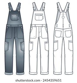 Denim Jumpsuit fashion flat technical drawing template. Dungarees technical fashion illustration, full length, pockets, oversized, front, back view, white, grey, women, men, unisex CAD mockup set.