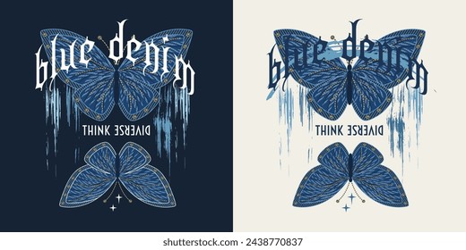 Denim label with blue butterfly, smudged, smeared paint, text with gothic letters. Grunge style. For clothing, t shirt, surface design.