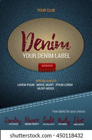 Denim Label flyer or banner with denim background. Vector template with denim label. Caption thread. Print