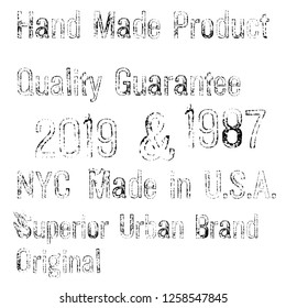Denim label typographic elements isolated on white background.
