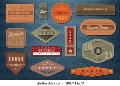 Denim labels. Graphic leather badge and textured background, authentic embroidery typography jeans clothes fashion print collection, vintage emblems with text retro western sticker vector isolated set