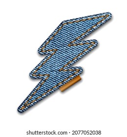 Denim la forma del rayo con puntos. Los jeans se reparan con costura. Ilustración vectorial realista sobre fondo blanco.