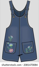  DENIM A LINE DUNGAREE WITH POCKET EMBROIDERY FOR KID GIRLS AND TEEN GIRLS IN EDITABLE VECTOR FILE