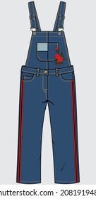 DENIM LONG DUNGAREE WITH TONAL PATCH POCKET AND EMBROIDERED PATCH FOR KID GIRLS AND TEEN GIRLS IN EDITABLE VECTOR FILE