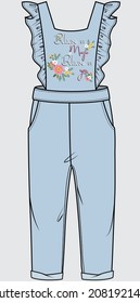 DENIM LONG JUMPSUIT WITH  EMBROIDERED OR KID GIRLS AND TEEN GIRLS IN EDITABLE VECTOR FILE