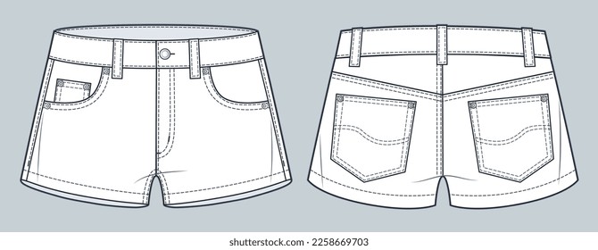 Denim Low-Reis Shorts technische Modegrafik. Short Pants modifiziert flaches technisches Zeichnungsmuster, Front- und Rückansicht, weiß, Frauen, Männer, unisex CAD-Modell.