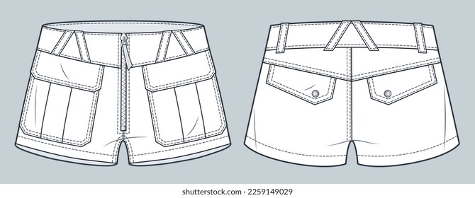 Denim low rice Shorts technical fashion illustration. Leather Short Pants fashion flat technical drawing template, front and back view, white, women, men, unisex CAD mockup.