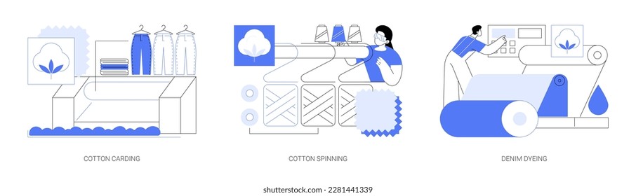 Denim manufacturing abstract concept vector illustration set. Cotton carding, spinning machinery at light industry factory, denim dyeing, jeans production, textiles and clothing abstract metaphor.