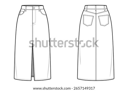 Denim Maxi Skirt with Front Slit-Five Pocket- Straight Design- Front and Back View