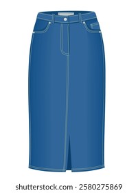 Denim midi skirt on a white background. Front view. Denim pencil skirt, midi lengths silhouette, front pockets, front slit. Mockup. Vector flat illustration isolated on a white background.