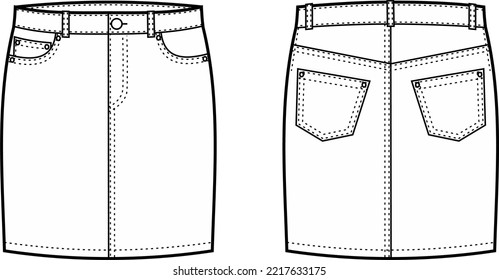 Falda de denim para mujeres. Delante y atrás. Ilustración vectorial.