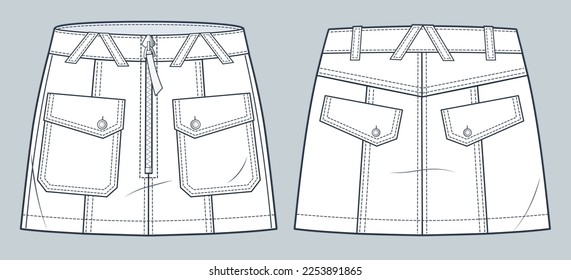 Denim mini Skirt technical fashion illustration. Girls Skirt fashion flat technical drawing template, low rise,mini length, pockets, front and back view, white, women, men, unisex CAD mockup. 