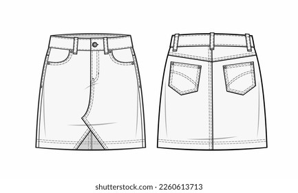Denim mini skirt template with belt loops and a four-pocket design Front zip fly, top button fastening, and front slit. fashion flats. fashion illustration template. front and back cad mockuP