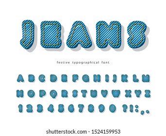 Denim modern font. Jeans texture alphabet. Cartoon 3d ABC letters and numbers. Vector illustration