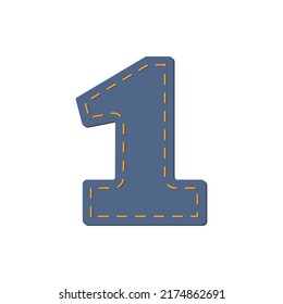 Denim number 1 stitched with orange thread. Design element. Vector illustration.