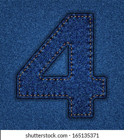 Denim number 4. Jeans alphabet.  Vector font with background