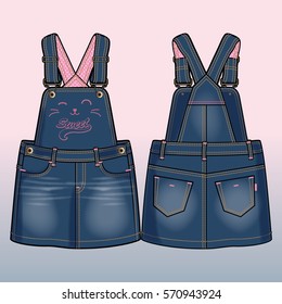 Denim overall dress . Cute kitty's face decoration in front