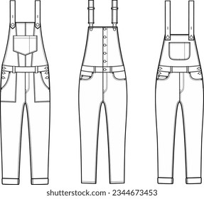 Denim overall flat sketch. Jean jumpsuit apparel design. Front view. Women CAD mockup. Fashion technical drawing template. Vector illustration.