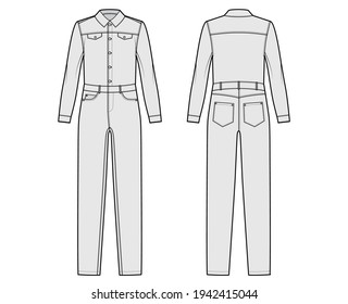 Denim overall jumpsuit Dungaree technical fashion illustration with full length, button closure, long sleeves, normal waist, high rise. Flat front back, grey color style. Women, men unisex CAD mockup