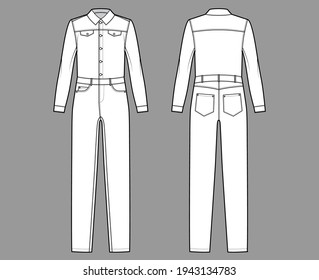 Denim overall jumpsuit Dungaree technical fashion illustration with full length, button closure, long sleeves, normal waist, pockets. Flat front back, white color style. Women, men unisex CAD mockup