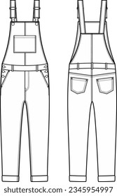 Denim overall jumpsuit flat sketch. Overall apparell design. Front back. Women CAD mockup. Fashion technical drawing template. Vector illustration.