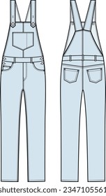 Denim overall jumpsuit. Denim wear apparel design. Front and back view. Women CAD mockup. Fashion technical drawing template. Vector illustration.