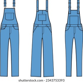 Denim overall set flat sketch. Jean jumpsuit apparel design. Front view. Women CAD mockup. Fashion technical drawing template. Vector illustration.