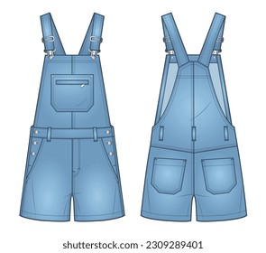 Denim Overalls fashion design. Short Dungarees, Jumpsuit technical fashion illustration, pockets, relaxed fit, front and back view, blue, women, men, unisex CAD mockup.