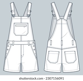 Denim Overalls Mode-Flach-Vorlage für technische Zeichnungen. Short Dungarees, Jumpsuit Technical Modegrafik, Taschen, entspannte Passform, Front- und Rückansicht, weiß, Frauen, Männer, unisex CAD-Modell.