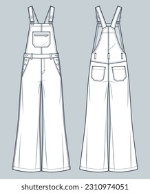 Denim Overalls fashion flat technical drawing template. Wide Leg Dungarees, Jumpsuit technical fashion illustration, pockets, relaxed fit, front and back view, white, women, men, unisex CAD mockup.