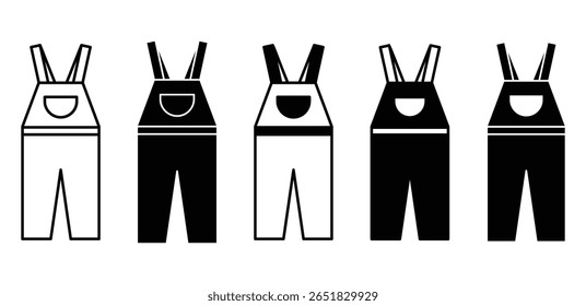 Denim macacão ícone conjunto de cor preto e branco vetor Design Ilustração