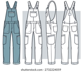 Denim Overalls Technische Flachskizze. Dungaree Fashion flache technische Zeichnung Vorlage, verstellbare Riemen, Taschen, vorne, Seite, Rückansicht, weiß, blau, Frauen, Männer, Unisex CAD Mockup Set.