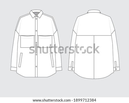 denim overshirt, front and back, drawing flat sketches with vector illustration by sweettears