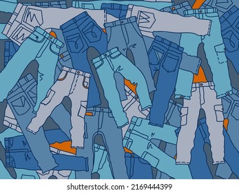 Denim pants background. Vector denim scetch outline illustration isolated for design, print. Stylish denim pants