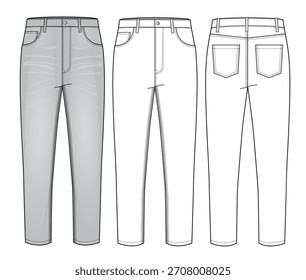 Pantalones de mezclilla de diseño técnico plano sketch Vector maqueta Plantilla.