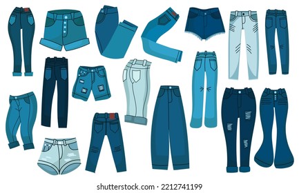 Denim pants and jeans shorts. Set fashionable clothes for men and women. Casual blue textile apparel and attire factory trousers with patches and pocket. Fashion collection vector illustration concept