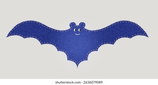 Denim patch in the form of a bat. Texture badge with stitches made of cotton fabric. Realistic vector set for repair and decor of clothes. Vector illustration.