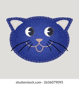 Denim patch in the form of a cat head. Texture badge with stitches made of cotton fabric. Realistic vector set for repair and decoration of clothes. Vector illustration.