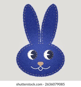Denim patch in the form of a hare head. Texture badge with stitches made of cotton fabric. Realistic vector set for repair and decoration of clothes. Vector illustration.