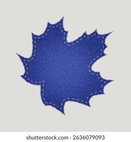 Denim patch in the form of a maple leaf. Texture badge with stitches made of cotton fabric. Realistic vector set for repair and decoration of clothes. Vector illustration.