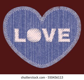 Denim patch with Love embroidery, stitch and fringe