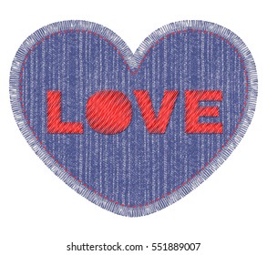 Denim patch with Love embroidery, stitch and fringe