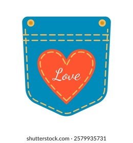 Denim patch pocket illustration love shape, stitching and button details. Perfect for fashion design, sewing projects, and apparel graphics. Ideal for digital and print use.