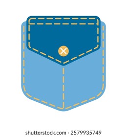 Denim patch pocket illustration stitching and button details. Perfect for fashion design, sewing projects, and apparel graphics. Ideal for digital and print use.