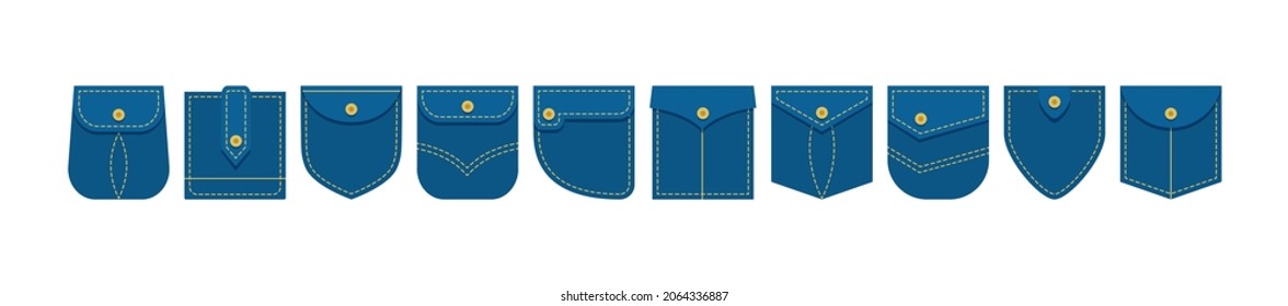 Denim Patch Pocket Vector Blue Icon Different Shapes With Buttons On Shirt Or Jeans Pants, Tshirt, Seam Lines, Front View. Garment Illustration