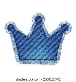 Denim parche en forma de corona con franja. Denim azul claro. Etiqueta moderna de textura textil. Ilustración vectorial realista. EPS10